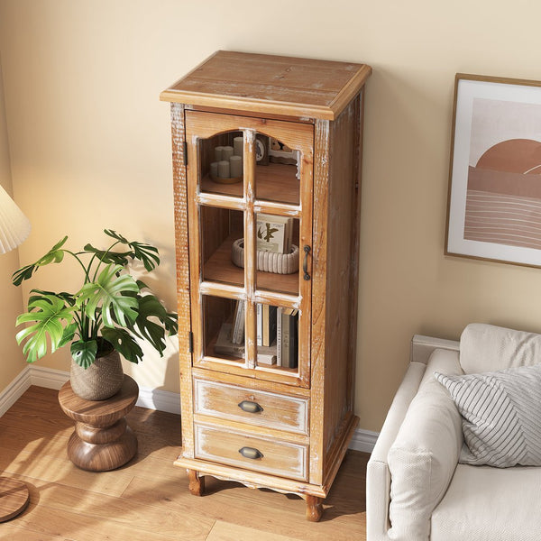 English Elm Rustic Solid Wood Tall Narrow Cabinet with Cutout Door Two Drawers Farmhouse Storage Antique Brown W2295P457182
