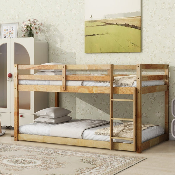 English Elm Solid Wooden Twin Over Twin Floor Bunk Bed With Ladder – Durable Rubberwood, Stylish & Safe Design W504P191652-GIGA