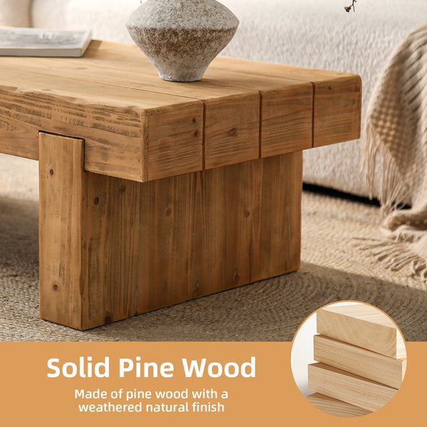 English Elm 47.6" Farmhouse Solid Wood Coffee Table Natural Rustic Rectangular Low Profile Sturdy Double Base W3306P318547