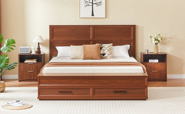 English Elm Queen Storage Bed with Geometric 3d Headboard Four Drawers and Walnut Finish W1820S00056