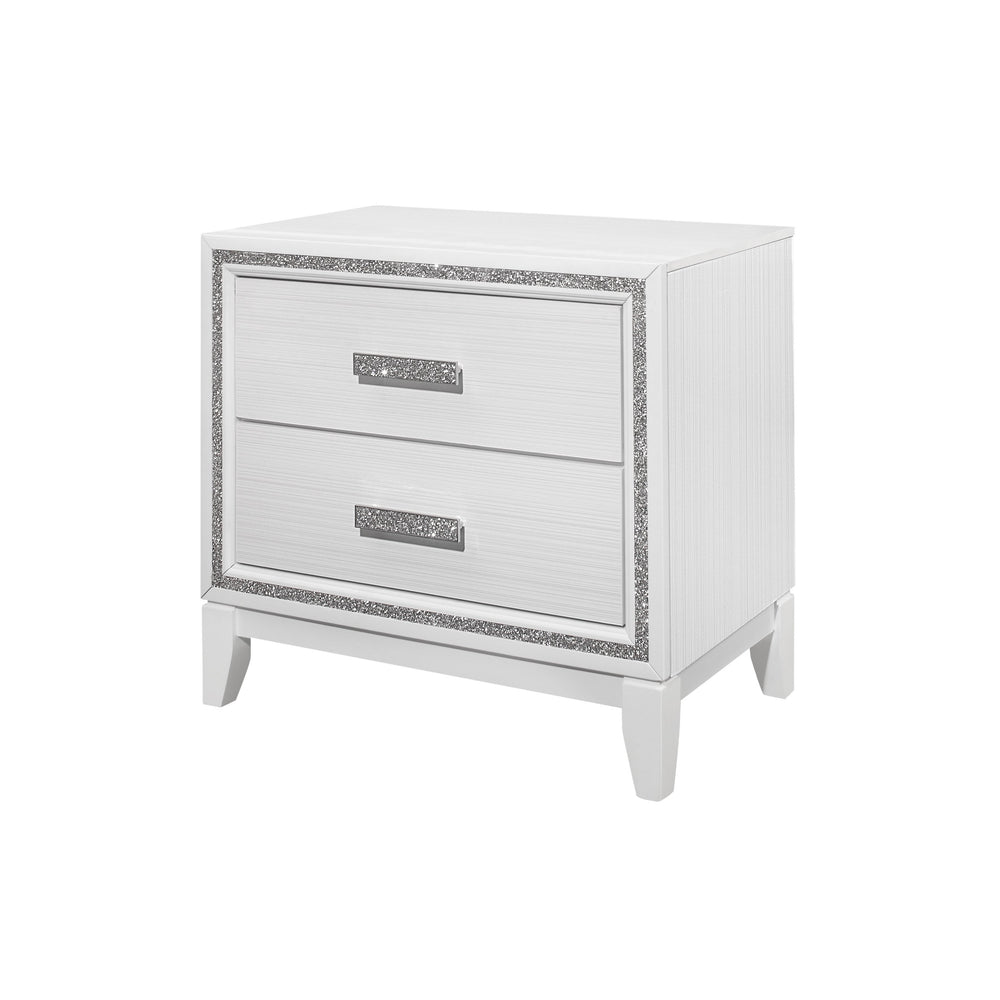 English Elm ALMERA White Glitter Nightstand with 2 Spacious Drawers, Crushed Crystal Handles, Transitional Glam Finish B201P226192