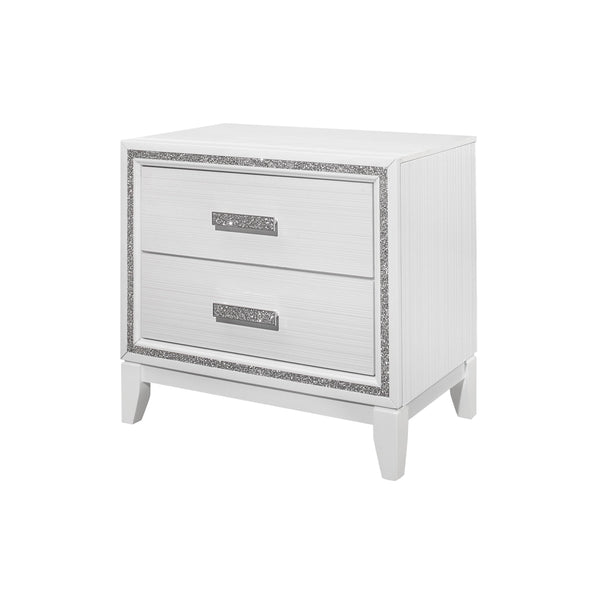 English Elm ALMERA White Glitter Nightstand with 2 Spacious Drawers, Crushed Crystal Handles, Transitional Glam Finish B201P226192
