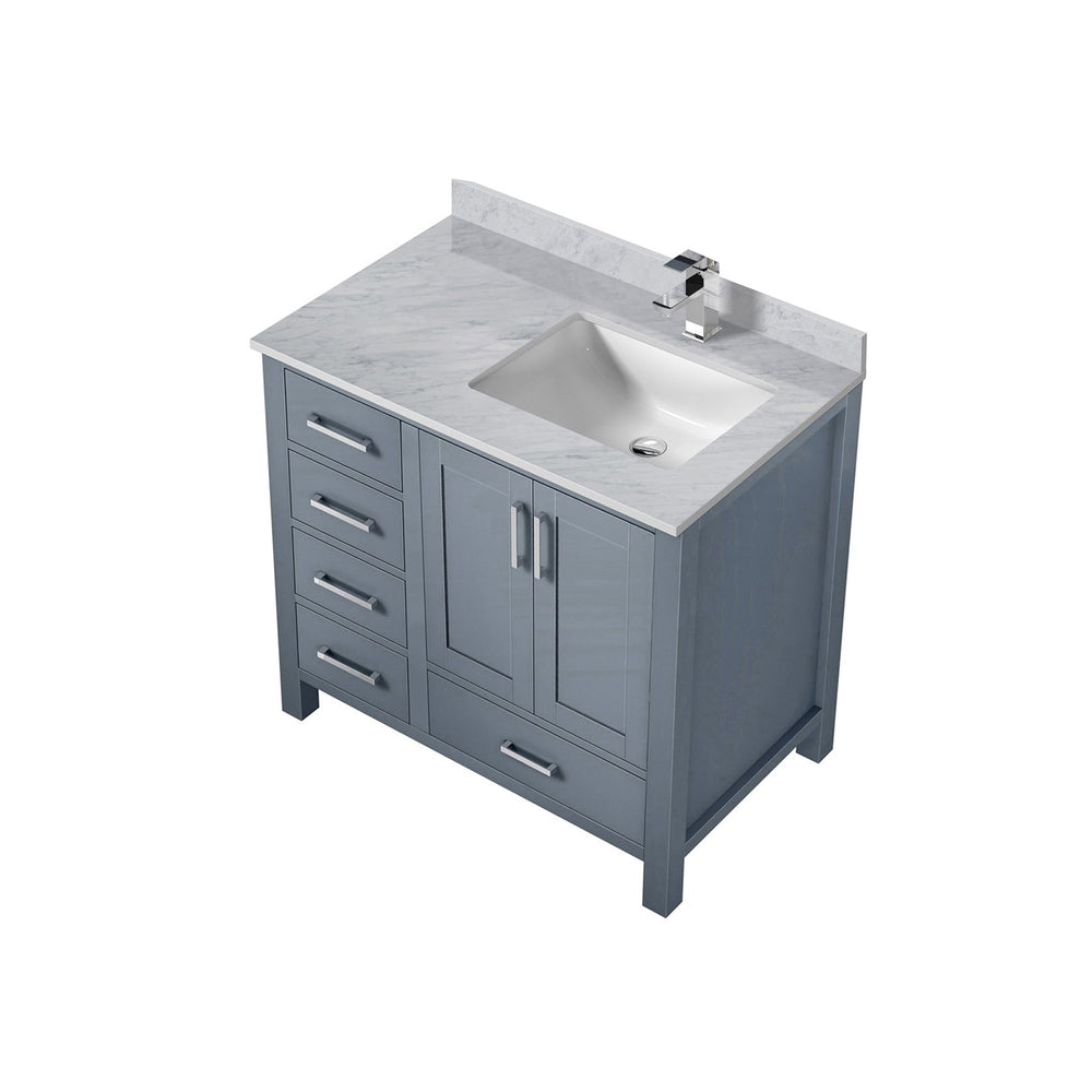 English Elm Dark Grey 36 in Bath Vanity with Right-Offset Carrara Marble Top, Chrome Faucet, Soft-Close Drawers B2731P259030