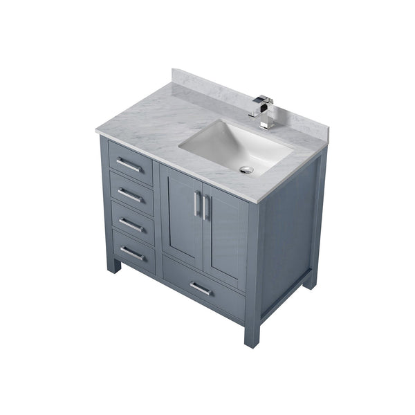 English Elm Dark Grey 36 in Bath Vanity with Right-Offset Carrara Marble Top, Chrome Faucet, Soft-Close Drawers B2731P259030