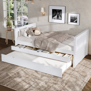 English Elm Twin Solid Wood Platform Bed with Trundle and Two Drawers, White Daybed for Kids Guests Off White W1580S00262