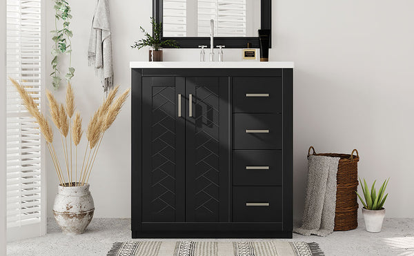 English Elm 30'' Bathroom Vanity With Ceramic Sink - Retro Freestanding Storage Cabinet, Soft-Close Drawers & Doors N710P191947B