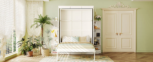 English Elm Rotating Murphy Wall Bed with Convertible Desk Dual Side Shelves Full Size Mdf Cabinet White LP000961AAK