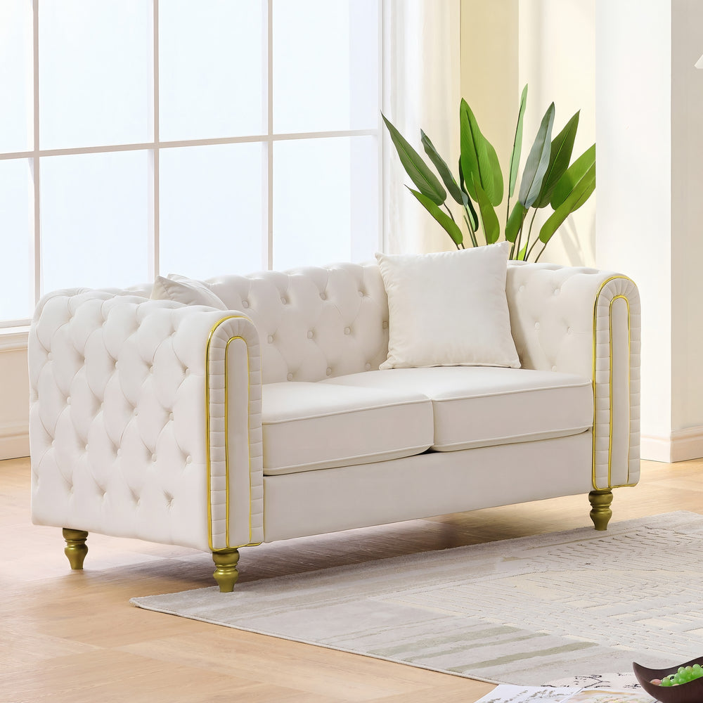 English Elm 63" Chesterfield Velvet Loveseat with Button Tufting Gold Legs Two Seat Living Room Sofa W3373S00080