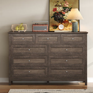 English Elm Wood Rustic Storage Dresser with 9 Drawers, Silver Handles and X Side Accents for Stylish Storage Brown N709P288888D