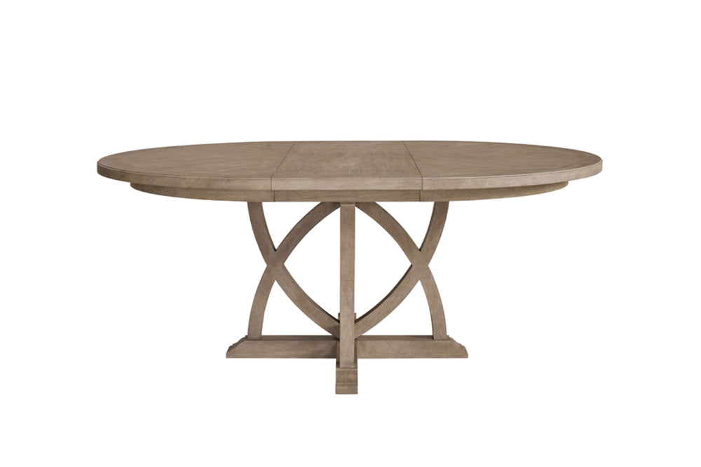 English Elm Round Expandable Dining Table with Pedestal Base, Solid Wood & Mindi Veneer, Elegant Sand Finish Sand 75.5 L x 57.5 W x 5.5 H B2699S00018