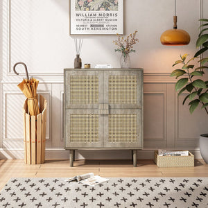English Elm 4-Doors Rattan Mesh Storage Cabinet with Solid Wood Legs and Adjustable Shelves for Stylish Organization Grey W757P198557