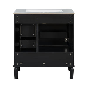 English Elm Traditional 30" Bathroom Vanity with Ceramic Basin, Soft-Close Door & Drawers, Gold Handles, Durable Wood Finish Black N729P184479B
