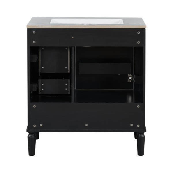 English Elm Traditional 30" Bathroom Vanity with Ceramic Basin, Soft-Close Door & Drawers, Gold Handles, Durable Wood Finish Black N729P184479B