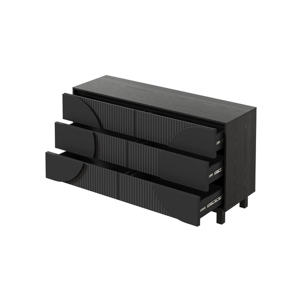 English Elm Modern Fluted 6 Drawer Dresser with Solid Wood Legs Japandi Chest for Bedroom Carbon Black N739S0000015E