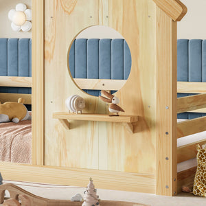 English Elm Twin House Bed Low Profile Pine Wood Frame with Shelf Montessori Kids Floor Sleeping Natural W5305P429645