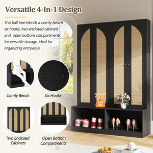 English Elm Rattan Door Hall Tree Bench with 6 Hooks Farmhouse Entryway Storage N721S000074B
