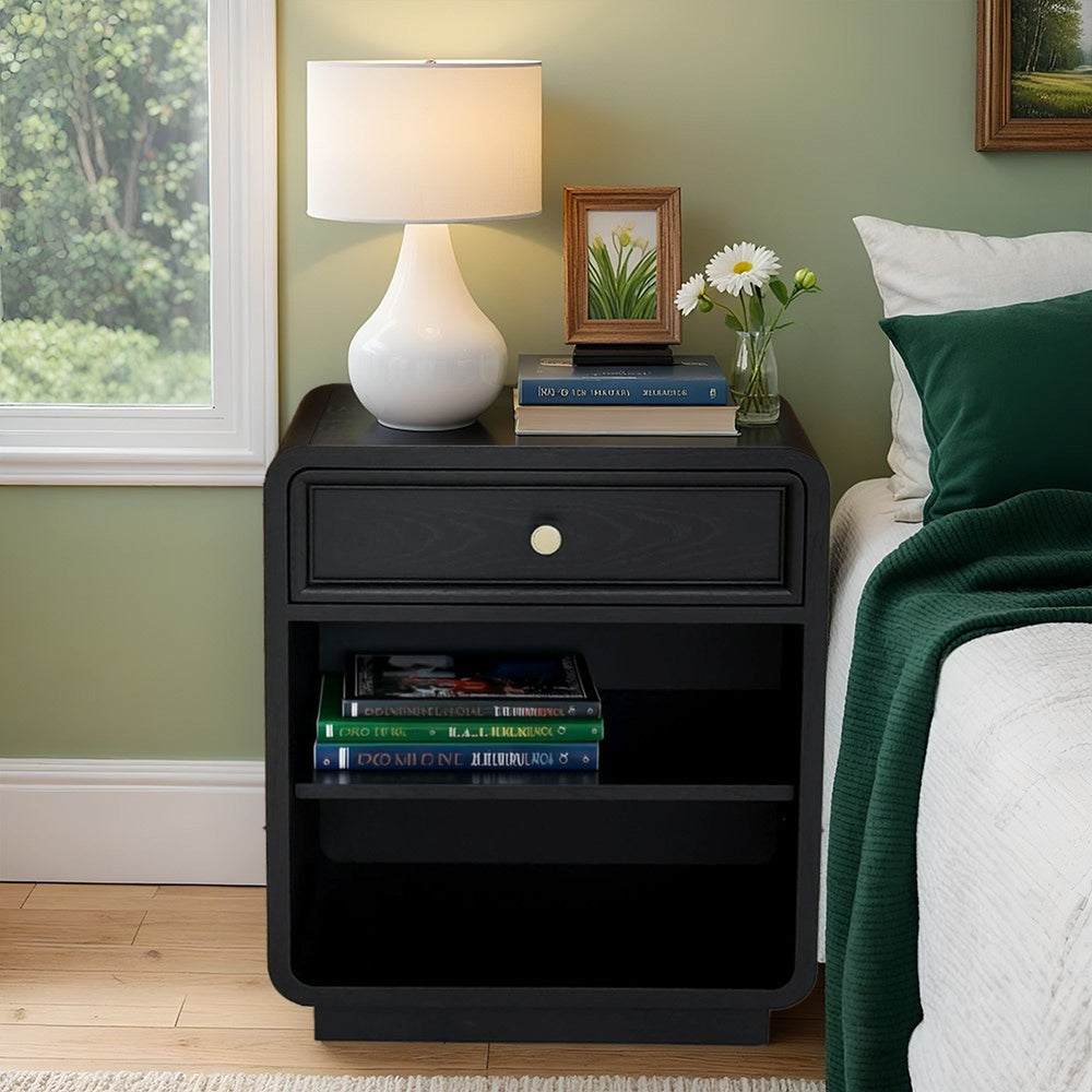 English Elm Nightstand Art Deco Matte Black Finish Antiqued Brass Hardware Open Shelf Bedroom B035P482920
