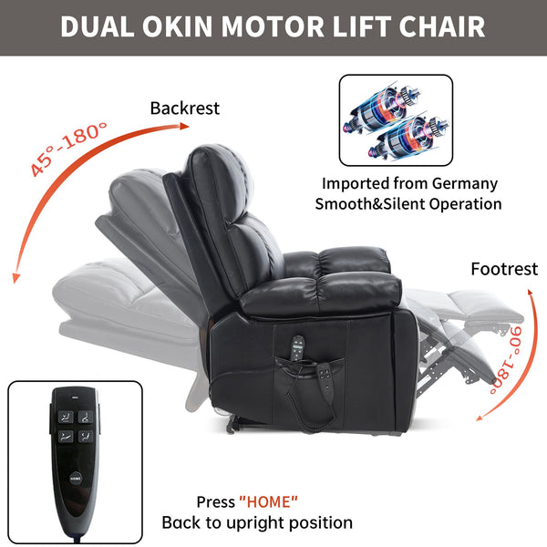 English Elm Black Leatheraire Power Lift Recliner with Massage Heat and 350 Lb Dual Motor W1803P340318