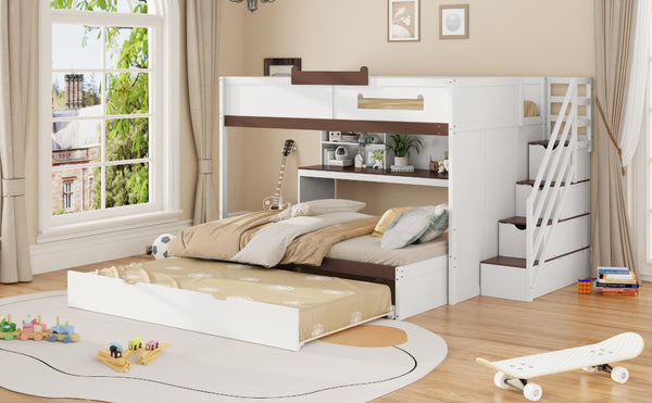 English Elm House-shaped Pine Bunk Bed with Built-in Slide Storage Staircase Twin Over Full Kids Frame White N820S00067K