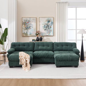 English Elm U Shaped Modular Cloud Sectional Deep Seat Flannelette Sofa with Rounded Bolster Armrests Green W2120S00039