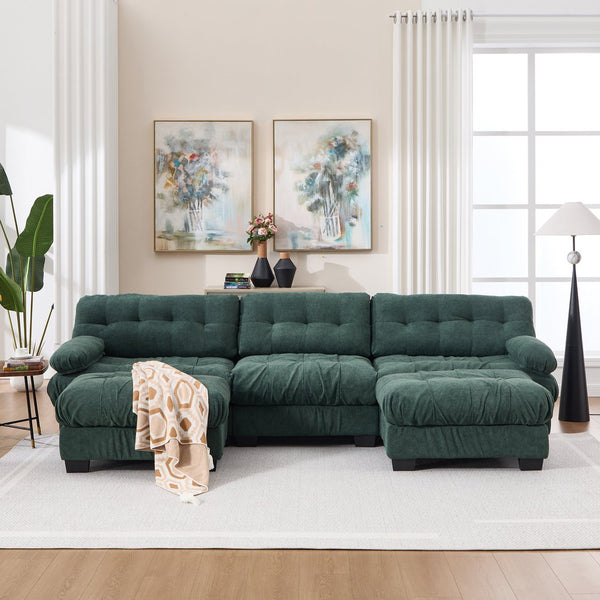 English Elm U Shaped Modular Cloud Sectional Deep Seat Flannelette Sofa with Rounded Bolster Armrests Green W2120S00039