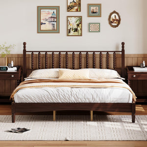 English Elm King Retro Wood Platform Bed with Gourd Headboard, Walnut Finish, Sturdy Slat Support, No Box Spring Needed N733P338316D