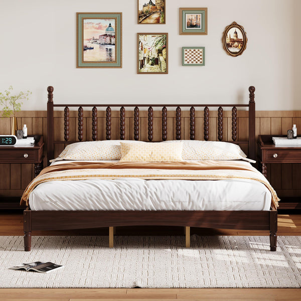 English Elm King Retro Wood Platform Bed with Gourd Headboard, Walnut Finish, Sturdy Slat Support, No Box Spring Needed N733P338316D