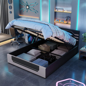 English Elm Modern Cyberpunk Queen Platform Bed Hydraulic Storage Pu Upholstered Gaming Frame Black+ Gray SF000205AAE