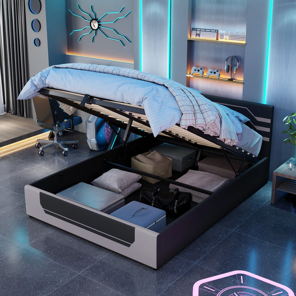 English Elm Modern Cyberpunk Queen Platform Bed Hydraulic Storage Pu Upholstered Gaming Frame Black+ Gray SF000205AAE
