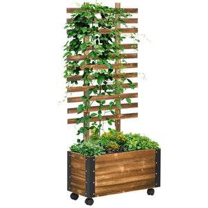 English Elm Outsunny Raised Garden Bed With Trellis & Wheels, 58" Wooden Planter For Climbing Plants & Flowers W2225P200546-GIGA