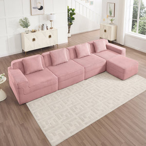 English Elm Modular 4-Seat L Shape Sectional Sofa - Plush Corduroy Couch With Movable Ottoman & Pillows, Pink W3041S00342