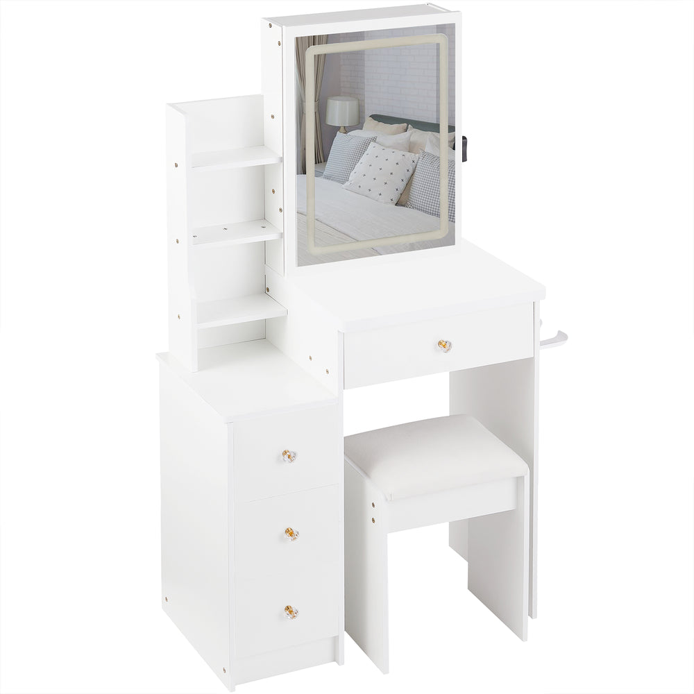 English Elm 29.2" Stylish Left Bedside Vanity Table Set With Led Mirror, Power Station & Cushioned Stool For Small Spaces W936P202468