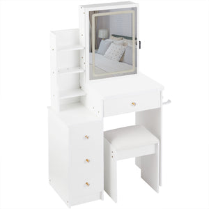 English Elm 29.2" Stylish Left Bedside Vanity Table Set With Led Mirror, Power Station & Cushioned Stool For Small Spaces W936P202468