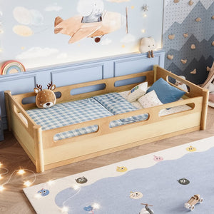 English Elm Twin Low Profile Floor Bed with Guardrails Pine Wood Frame Minimalist Bedroom Natural W1580P438791
