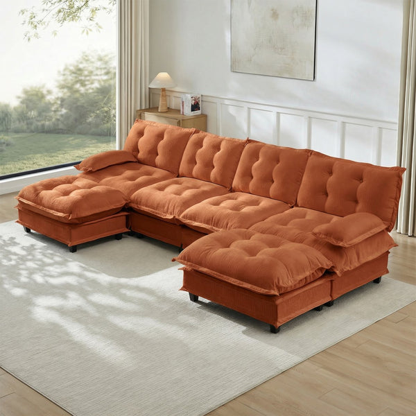 English Elm 138" U-shaped Chenille Cloud Sectional with Ottomans Deep Seat Modular Living Room Sofa Orange W714S01742