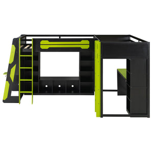 English Elm L-shaped Gaming Loft Bunk Bed Twin Wood Frame Rgb Lighting Usb Ports Storage Shelves Green LT000295AAG