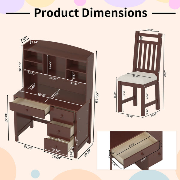 English Elm Vintage 40'' Home Executive Desk Set with Upholstered Chair and Built-In Bookshelf for Stylish Productivity Espresso 44 L x 23 W x 13.5 H N733P272894P