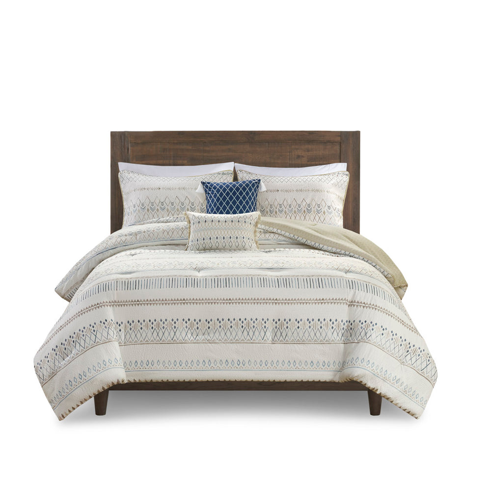 JLA Home Madison Park - 5 Reversible Seersucker Comforter Set with Tassel Throw Pillows — Lightweight, Antimicrobial Farmhouse Chic 90 L x 90 W x 1.5H MP10-8267