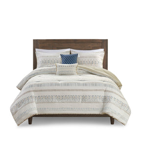 JLA Home Madison Park - 5 Reversible Seersucker Comforter Set with Tassel Throw Pillows — Lightweight, Antimicrobial Farmhouse Chic 90 L x 90 W x 1.5H MP10-8267