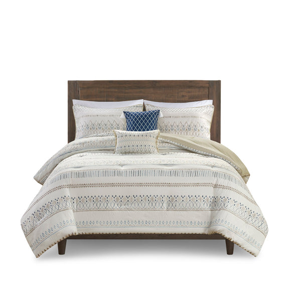 JLA Home Madison Park - 5 Reversible Seersucker Comforter Set with Tassel Throw Pillows — Lightweight, Antimicrobial Farmhouse Chic 90 L x 90 W x 1.5H MP10-8267