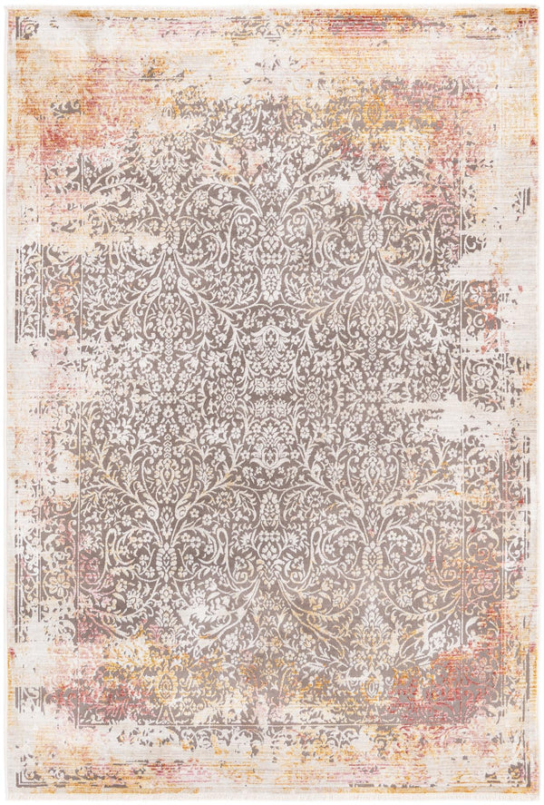 Unique Loom Deepa Emblem Machine Made Floral / Botanical Rug Gray, Ivory/Red 5' 3" x 7' 10"