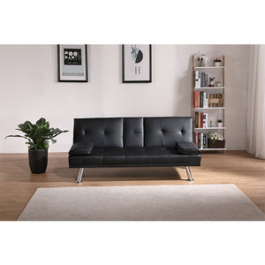 English Elm Black Leather Office Double Folding Sofa Bed with Metal Legs, PU Upholstery, 600 lb Capacity, Space-Saving Design W3356P298488