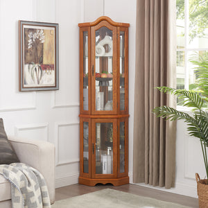 English Elm Lighted Corner Curio Cabinet With Adjustable Shelves & Tempered Glass - Elegant Oak Display Piece W1758P300132