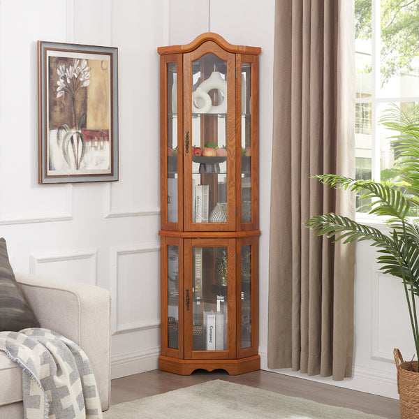 English Elm Lighted Corner Curio Cabinet With Adjustable Shelves & Tempered Glass - Elegant Oak Display Piece W1758P300132