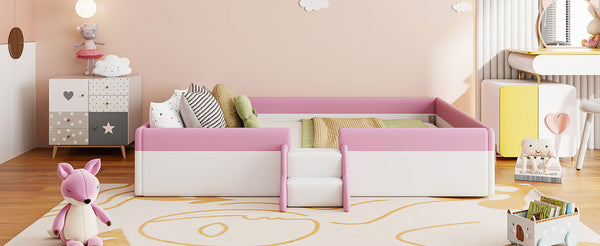 English Elm King Upholstered Daybed Frame with Fence & Stairs, Brown+White PU, 10 Slats, 750lb Capacity, Luxe Comfort SF000156AAH