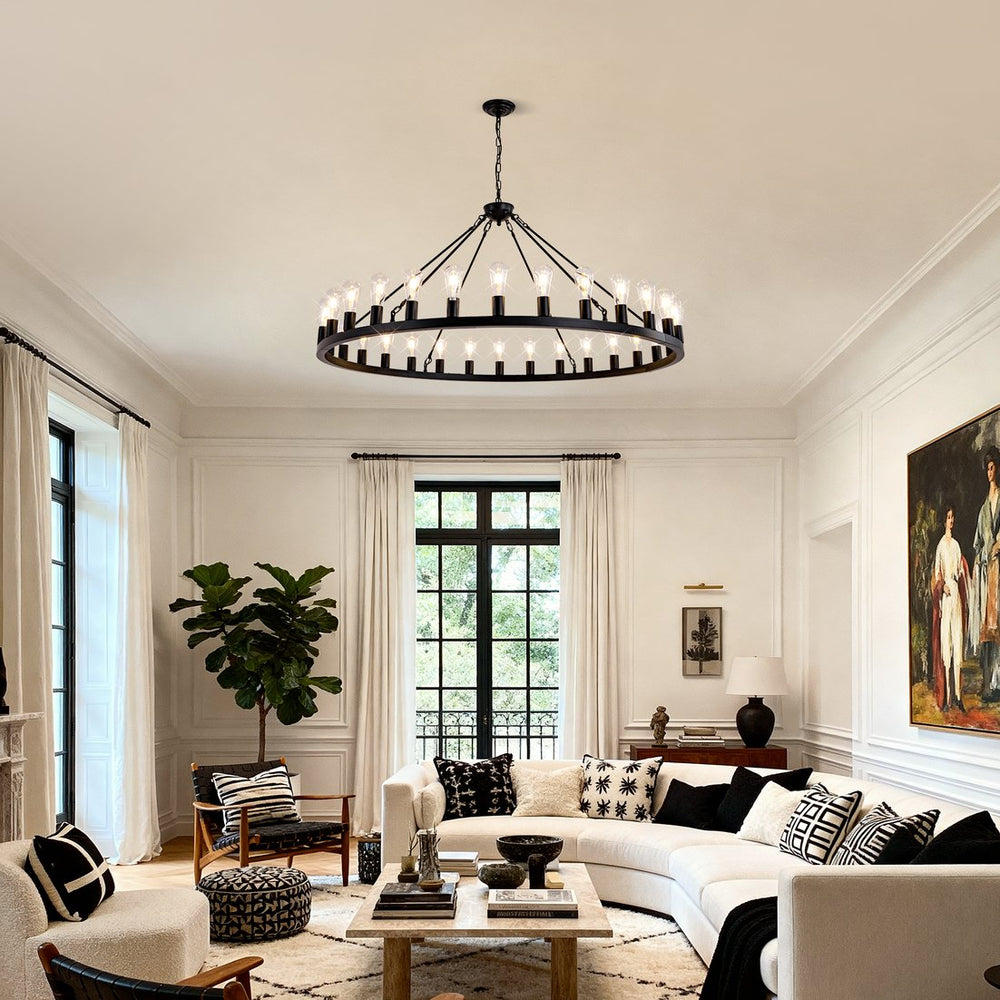 English Elm 64 Inch Wagon Wheel Chandelier Matte Black Farmhouse 30 Light Powder Coated Ring W5008P392688