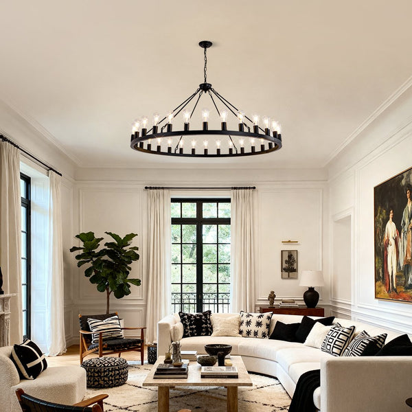 English Elm 64 Inch Wagon Wheel Chandelier Matte Black Farmhouse 30 Light Powder Coated Ring W5008P392688