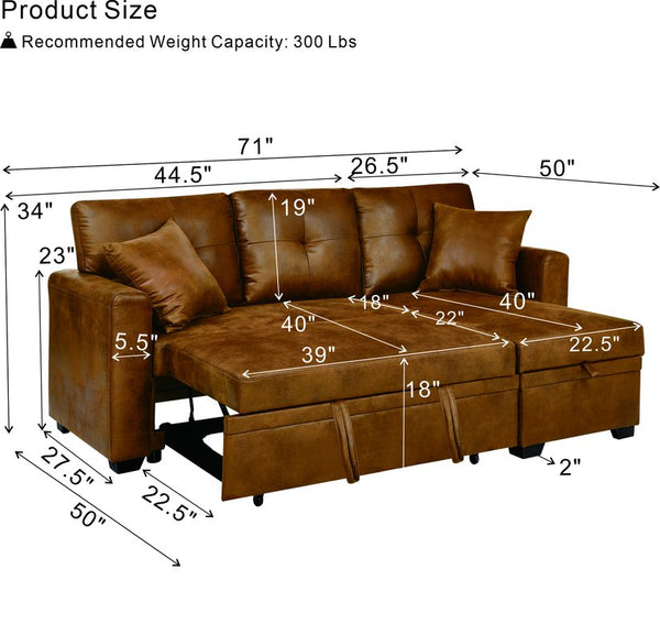 English Elm Sleeper Sectional with Pull Out Bed Storage Chaise Tufted Breathable Fabric Sofa W5568S00044