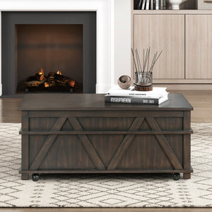 English Elm Traditional Rustic Lift-Top Cocktail Table with Hidden Storage, Pine Veneer Finish, Casters for Easy Mobility and Workspace Convenience Brown 47.5 L x 29.5 W x 22.5 H B011P387103