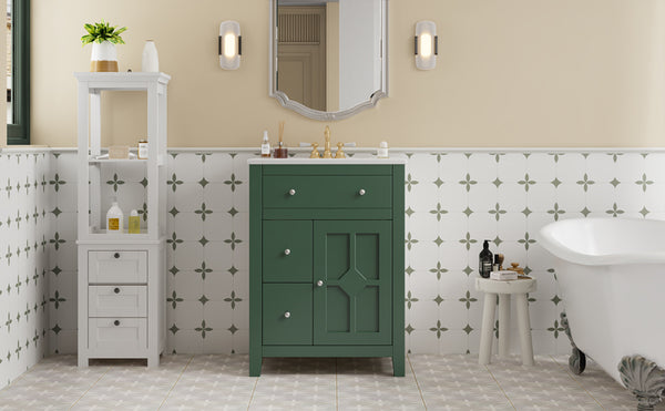 English Elm 24" Modern Bathroom Vanity with Ceramic Basin, French Country Cross-Grid Design & Soft-Close Drawers Green N710P280655F